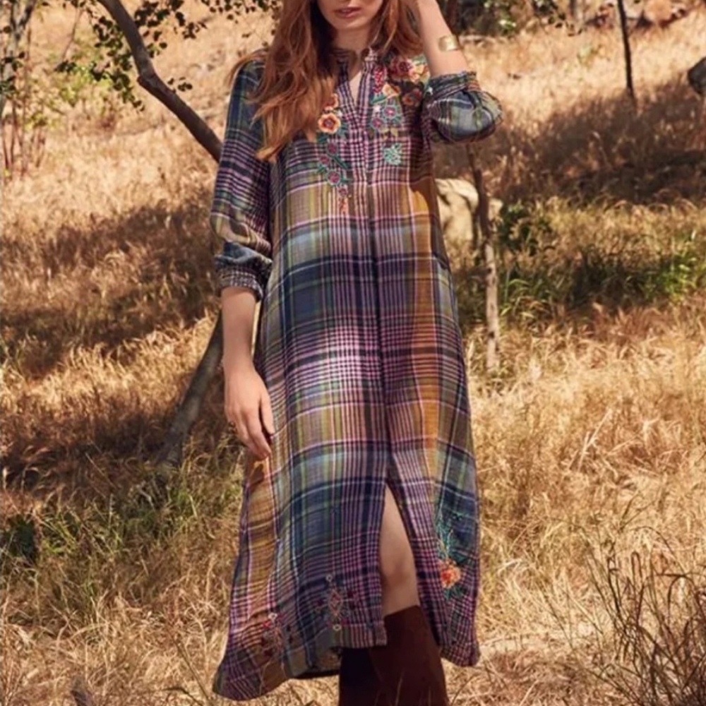 Johnny Was Size XS Francisca Seaside Cotton Shift Plaid Midi Dress